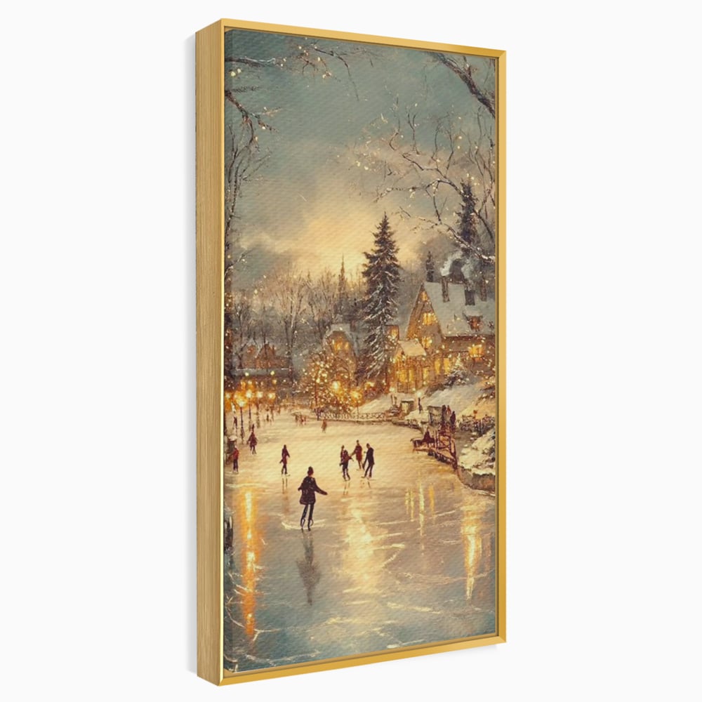 Tablou canvas cu pictura cu patinatori pe gheata de iarna, in rama de aluminiu auriu